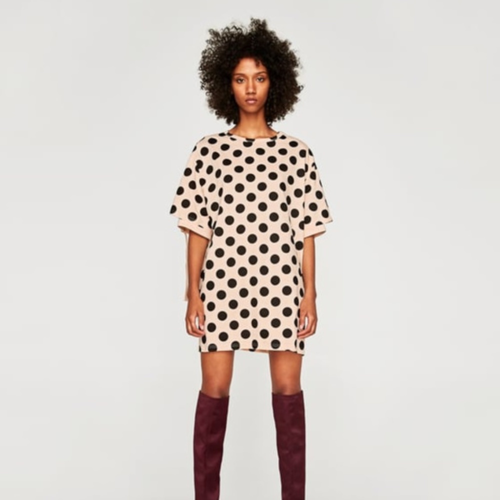 Zara Black & Brown Oversize Polka Dot Shirt Dress